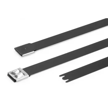 Serre-câble en acier inoxydable MBT14XHFC-SS316/SP-BK HellermannTyton, fermeture à bille, noir revêtu polyester, 360 mm x 7,9 mm, stabilisé UV, 1 pièce 111-00299