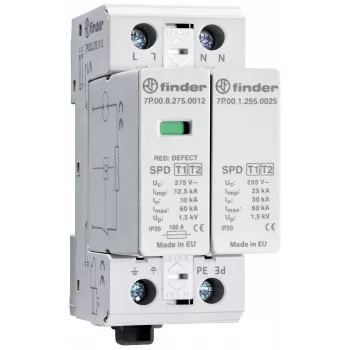 Parafoudre Finder 7P.02.8.275.1012 type 2, 1 pôle, 275 V AC, 60 kA, rail DIN