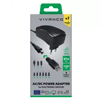 Vivanco Bloc d'alimentation universel AC/DC 27 W avec 7 connecteurs DC et port USB VVITADAPT27WUN