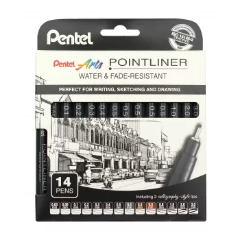 Pentel Arts Pointliner ensemble de fineliners permanents, 14 largeurs de trait assorties 0,03 mm–3,0 mm, encre noire (YS20P-14)