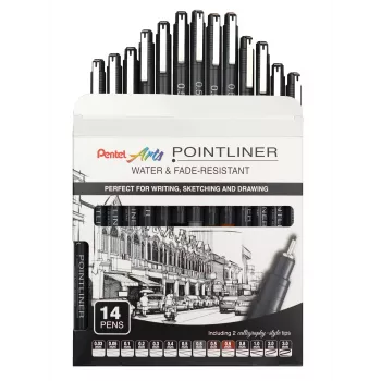 Pentel Arts Pointliner ensemble de fineliners permanents, 14 largeurs de trait assorties 0,03 mm–3,0 mm, encre noire (YS20P-14)