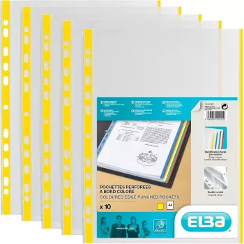 Pochettes de document ELBA DIN A4 à bord coloré, PP, jaune, 0,09 mm, cristal, ouverture en haut, perforation Euro, lot de 100 (971619-08)