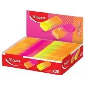 Présentoir de gommes en plastique Maped NEON, 20 pièces, orange néon et rose néon, peu poussiéreuses, sans phtalates, sans PVC 121901
