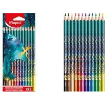 Maped DRAGON crayons de couleur triangulaires, 12 couleurs assorties, mine tendre résistante à la casse, étui en carton motif dragon 862234