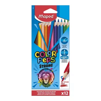 Maped COLOR'PEPS STRONG crayons de couleur triangulaires, 12 couleurs assorties, mine 3,2 mm résistante à la casse, étui en carton 862712