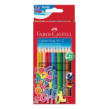 Crayons de couleur triangulaires Faber-Castell Colour GRIP, couleurs assorties, 10 pièces, zone Soft-Grip, mine 3,3 mm résistante à la casse, vernis à base d'eau, étui promo 201585