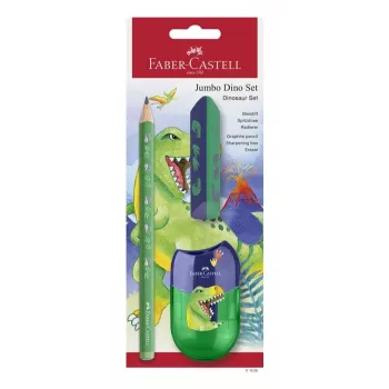 Ensemble d'écriture Faber-Castell Dino Jumbo, vert, 3 crayons, mine 3 mm, ergonomique triangulaire, résistant à la casse, à partir de 3 ans 111529