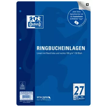 Papier de recharge Oxford A4 ligné, réglure 27, 50 feuilles, perforation 4 trous, 80 g/m² 400131582