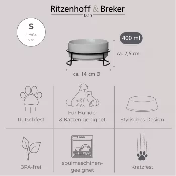 Ritzenhoff & Breker TARO Ensemble de gamelles pour animaux, 400 ml, gamelle en grès céramique grise pour chats et petits chiens, eau et nourriture, 1 pièce (450514)