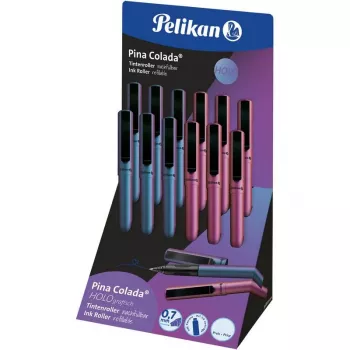 Pelikan Pina Colada Holo Stylo roller - présentoir de 12, laque métallique holographique, encre bleu moyen 300007994