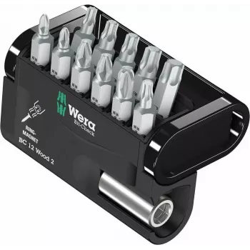 Wera Bit-Check BC 12 Wood 2 Coffret d'embouts tournevis, 12 pièces, entraînement hex 1/4 inch, embouts 25 mm, BiTorsion, PH/PZ/TX 05057422001