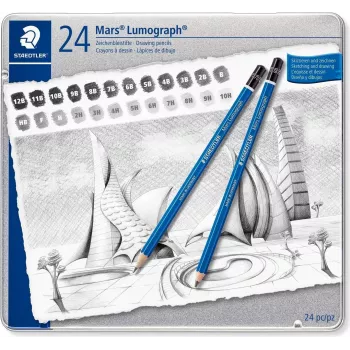STAEDTLER Mars Lumograph 100 G24 ensemble de crayons de dessin, 24 degrés de dureté assortis en boîte métallique, bleu hexagonal