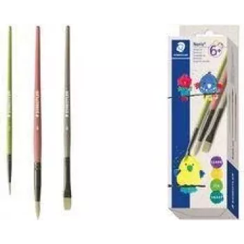 STAEDTLER Noris ensemble de pinceaux synthétiques, 3 pièces, couleurs assorties, manches en plastique recyclé, viroles métalliques (989R-S BK3)
