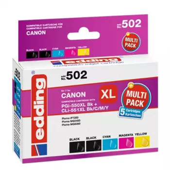 Lot de cartouches d'encre compatibles Edding EDD-502 E pour Canon PGI-550PGBK XL, CLI-551 C/M/Y XL (noir, cyan, magenta, jaune)