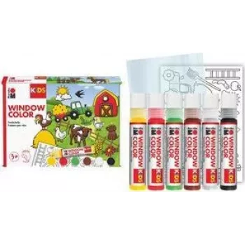Ensemble de peinture pour vitres Marabu KiDS Window Color Farm, 6 x 25 ml de peinture pour vitres pelable, à base d'eau, amovible, 1 ensemble (0306000000006)