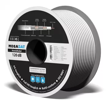 Câble coaxial Megasat 100 m, blindage quadruple, 120 dB, 75 ohms, prêt pour connecteur F 100066