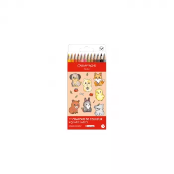 Crayons de couleur aquarellables CARAN D'ACHE Swisscolor Kawaii Animals, ensemble de 12, bois de cèdre, hexagonal 1285.803