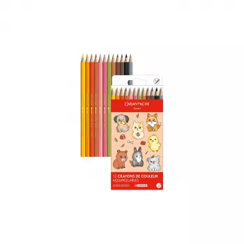 Crayons de couleur aquarellables CARAN D'ACHE Swisscolor Kawaii Animals, ensemble de 12, bois de cèdre, hexagonal 1285.803