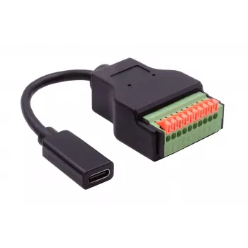 Câble adaptateur EXSYS EX-49124 USB-C femelle vers bloc de bornes à vis 10 broches avec bouton-poussoir, USB 3.2 Gen 1, 15 cm