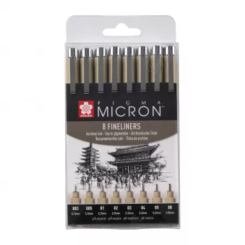 Ensemble de fineliners SAKURA Pigma Micron, 8 pièces, noir, pointes assorties de 0,15 mm à pinceau POXSDK8