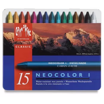 Pastels à la cire Caran d'Ache Neocolor I, 15 couleurs assorties, ronds, étui en papier, boîte métallique 7000.315