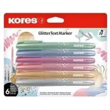 Ensemble de surligneurs pailletés Kores, pointe biseautée 3-5 mm, 6 couleurs pailletées lumineuses, à base d'eau, séchage rapide, résistant aux bavures, capuchon ventilé, non toxique TM36300
