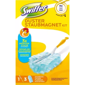 Kit de démarrage Swiffer Staubmagnet Olympia – kit de dépoussiérage à sec avec manche et 5 lingettes électrostatiques