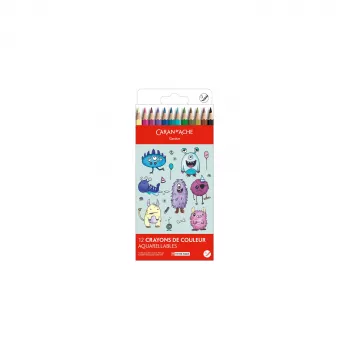 Crayons de couleur aquarellables Caran d'Ache Swisscolor Kawaii Monsters, ensemble de 12, bois de cèdre hexagonal 1285.801