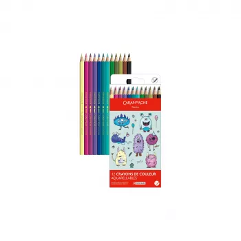 Crayons de couleur aquarellables Caran d'Ache Swisscolor Kawaii Monsters, ensemble de 12, bois de cèdre hexagonal 1285.801