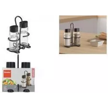 Ensemble de salières et poivrières Metaltex Spice Line, 3 pièces, verre avec couvercles en plastique noir, transparent 252871000