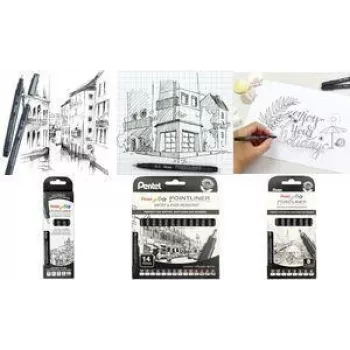 Ensemble de 8 fineliners permanents PentelArts Pointliner, noir, 0,03 mm à 0,8 mm + pinceau YS20P-8