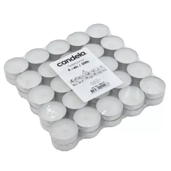 Bougies chauffe-plat CANDELA 50 pièces, blanches, sans parfum, 4 h de combustion, coupelles en aluminium