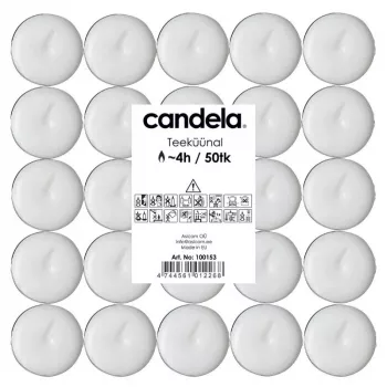 Bougies chauffe-plat CANDELA 50 pièces, blanches, sans parfum, 4 h de combustion, coupelles en aluminium