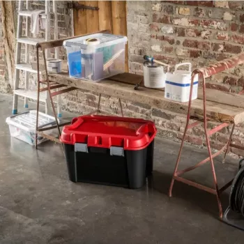 KETER DIY Totem boîte de rangement 60L avec couvercle, 59 x 39,5 x 36 cm, noir/rouge