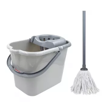 Seau ovale SAUBER 15 L avec poignée poussoir et ensemble de balai à franges