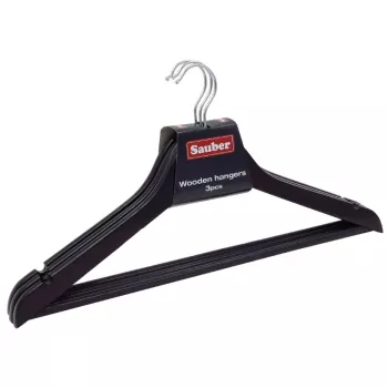 Cintres en bois SAUBER lot de 3, finition foncée, crochet pivotant à 360°, barre à pantalon