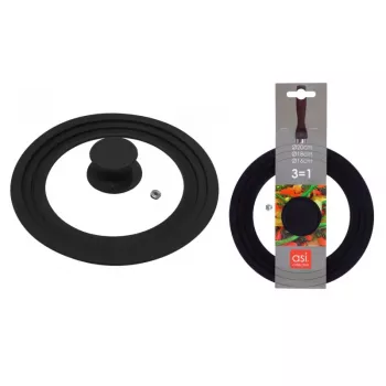 Couvercle universel ASI COLLECTION avec bord en silicone 3 en 1, Ø16/18/20 cm, verre trempé, silicone noir