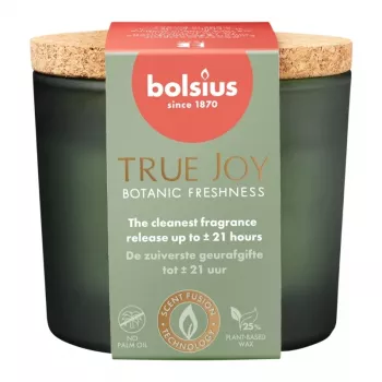 Bougie parfumée BOLSIUS True Joy en pot de verre avec couvercle en liège, Botanic Freshness, Ø66 x 83 mm