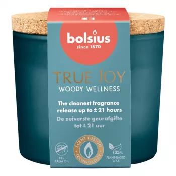 Bougie parfumée BOLSIUS True Joy en pot de verre avec couvercle en liège - Woody Wellness, Ø66x83 mm