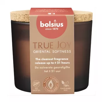 Bougie parfumée en verre avec couvercle en liège Bolsius True Joy Oriental Softness, Ø66x83 mm