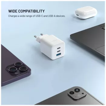 Fixed Mini chargeur GaN 2x USB-C et USB 65W blanc