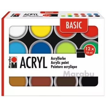 Ensemble de peintures acryliques Marabu BASIC, 12 x 18 ml, forte pigmentation, très haute résistance à la lumière 1210000000214