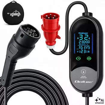 Chargeur mobile Qoltec pour voitures électriques et hybrides, réglage 2-en-1, Type 2, 7 kW, 230 V, CEE 32 A, LED, 5 m