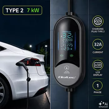 Chargeur mobile Qoltec pour voitures électriques et hybrides, réglage 2-en-1, Type 2, 7 kW, 230 V, CEE 32 A, LED, 5 m
