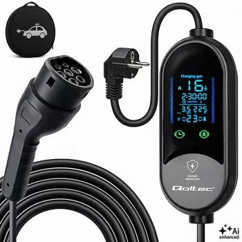 Chargeur mobile pour véhicule électrique Qoltec 2 en 1, Type 2, 3,5 kW, 230 V, Schuko 16 A, LED, 5 m (53182)