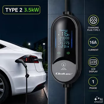 Chargeur mobile pour véhicule électrique Qoltec 2 en 1, Type 2, 3,5 kW, 230 V, Schuko 16 A, LED, 5 m (53182)