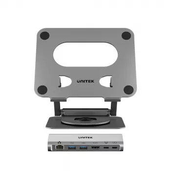 Support pour ordinateur portable Unitek avec hub USB-C 5 en 1 amovible - 2x USB-A 5Gbps, HDMI 4K@60Hz, RJ45, PD 100W (D1109CGY01)