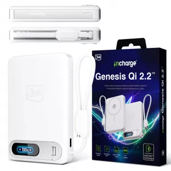 Chargeur sans fil 3mk incharge® Genesis Qi 2 25W + PD45W, câble USB-C intégré, blanc
