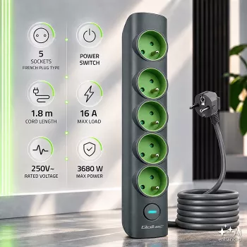 Multiprise Qoltec avec interrupteur lumineux, 5 prises de terre, 1,8 m