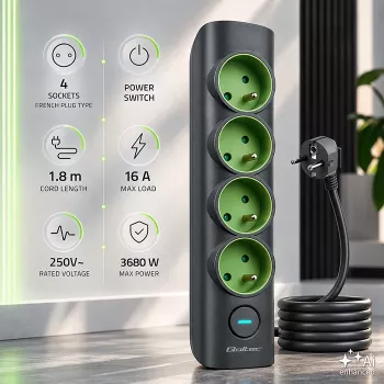 Multiprise Qoltec avec interrupteur lumineux, 4 prises de terre, 1,8 m
